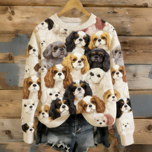 Cute Puppy Print Crew Neck Sweater For Women elevenforest