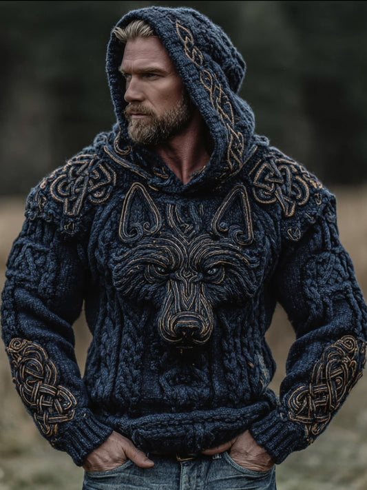 Men's Viking Retro Wolf Head Celtic Knot Embroidery Thickened Sweater elevenforest
