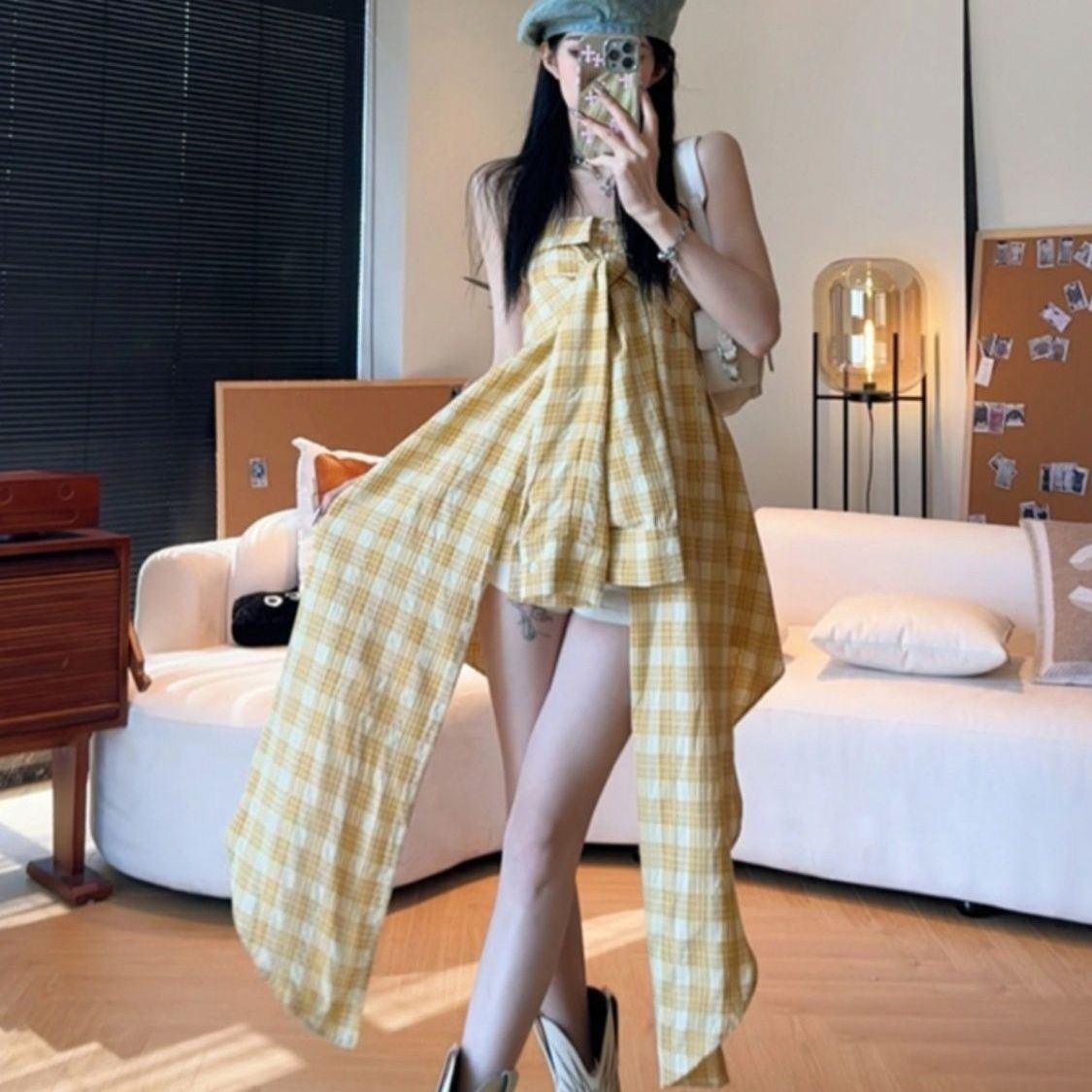 Yellow Plaid Tube Dress