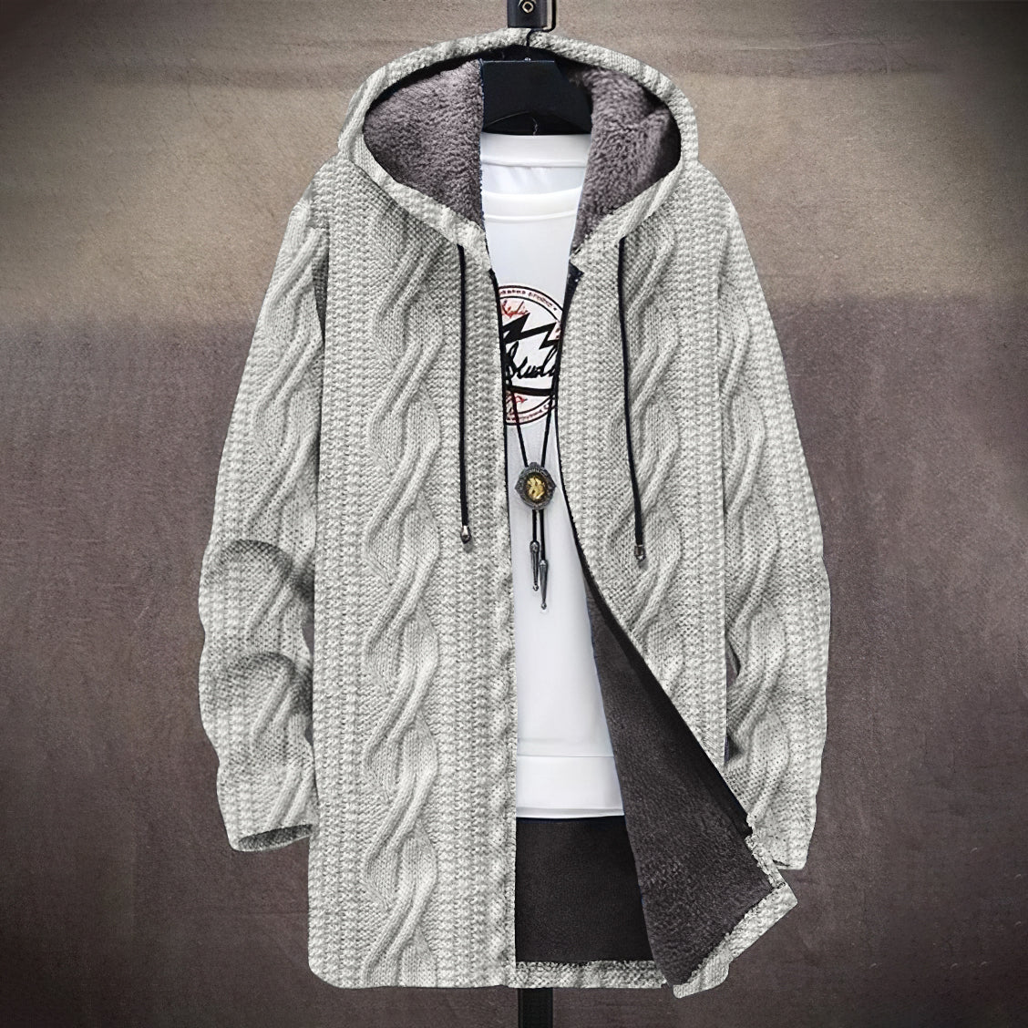 Men's Vintage Knitted Pattern Cozy Plush Hooded Coat artswardrobe