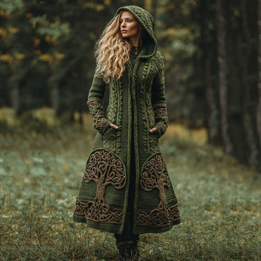 Women's Vintage Celtic Knot Tree Of Life Contrast Color Knit Hooded Coat