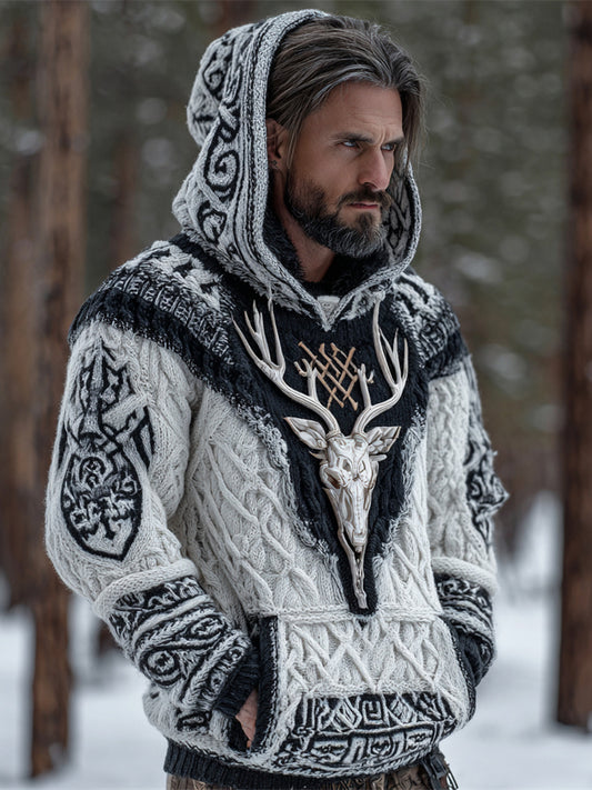 Viking Skull Deer Head Vintage Men's Knit Hooded Sweater elevenforest