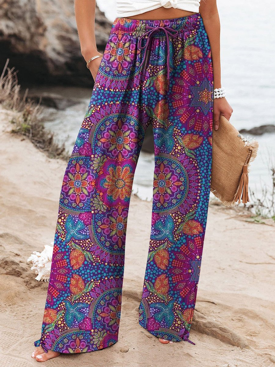 Women's Vintage Ethnic Floral Art Printed Cotton And Linen Casual Pants