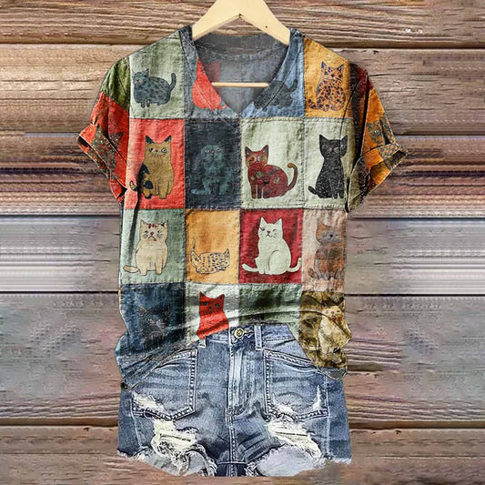 Cat Art Print V-Neck T-Shirt