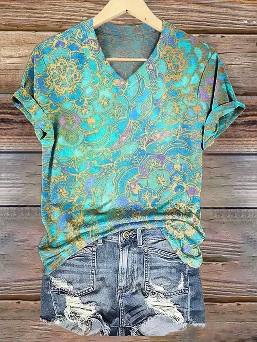 Women's Retro Ethnic Totem Print V-neck Casual T-Shirt