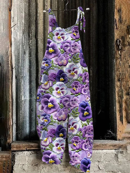 Women's Pansy Floral Pattern Print Bib Trousers