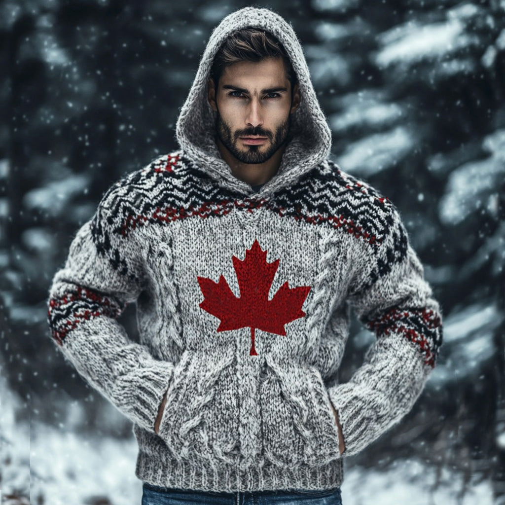 Men's Canada Maple Leaf Pattern Cozy Chunky Knit Hooded Sweater elevenforest
